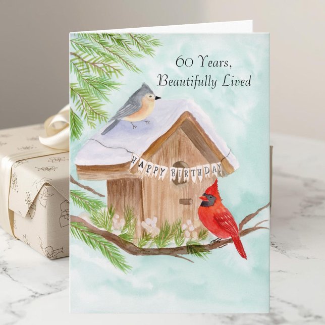 Tarjeta  Happy 60th Birthday Birds at Birdhouse (Subido por el creador)