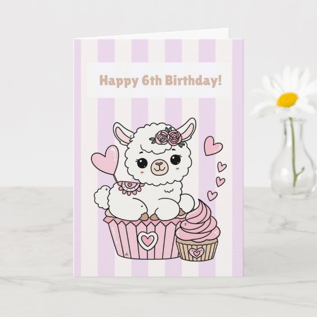 Tarjeta Happy 6th Birthday Cute Llama Girl Card (Planta pequeña)