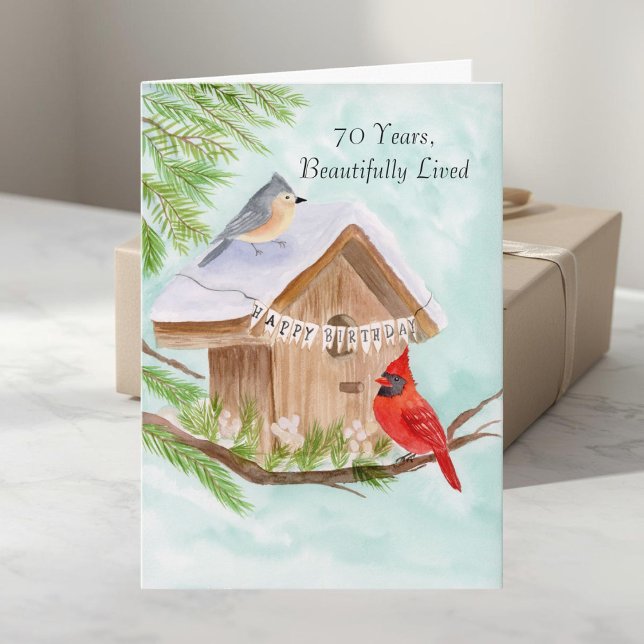 Tarjeta  Happy 70th Birthday Birds at Birdhouse (Subido por el creador)