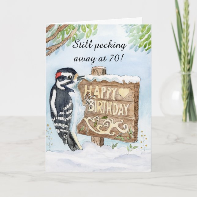 Tarjeta Happy 70th Birthday Downy Woodpecker (Anverso)