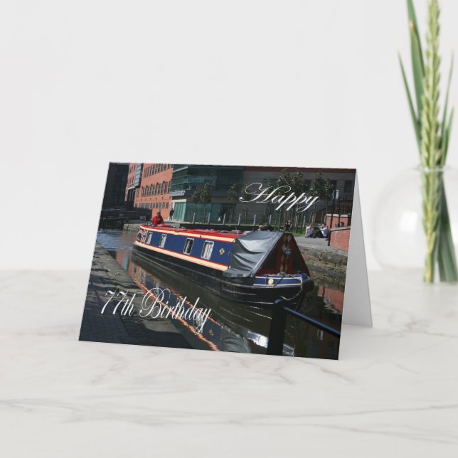 Tarjeta Happy 77th Birthday canal boat (Anverso)