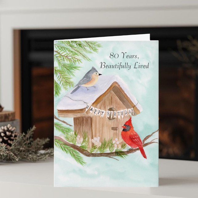 Tarjeta  Happy 80th Birthday Birds at Birdhouse (Subido por el creador)
