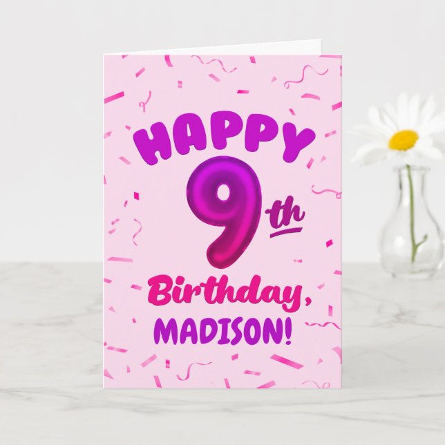 Tarjeta Happy 9th Birthday Card with Custom Name (Planta pequeña)