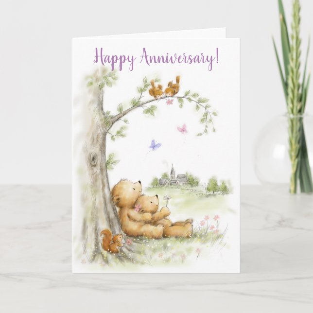 Tarjeta Happy Anniversary, cute bear couple under tree (Anverso)