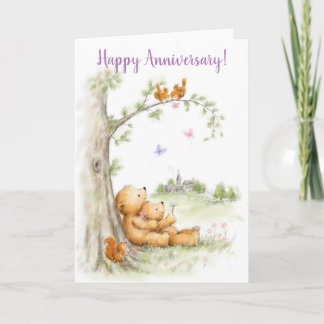Tarjeta Happy Anniversary, cute bear couple under tree