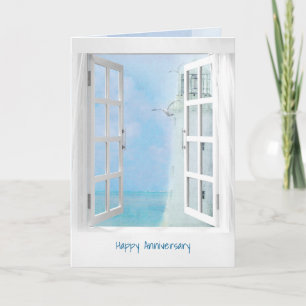 Tarjeta Happy Anniversary open window with lighthouse