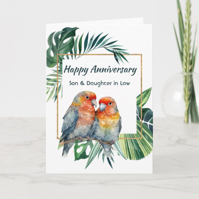 Tarjeta Happy Anniversary Son & Daughter-in-law Parrots (Anverso)