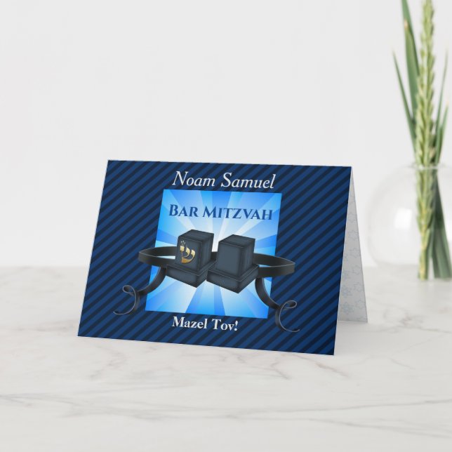 Tarjeta Happy Bar Mitzvah 20XX Tefillin Blue Invitation (Anverso)