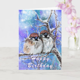 Tarjeta Happy Birday Card Winter Sparrows Couple Hug