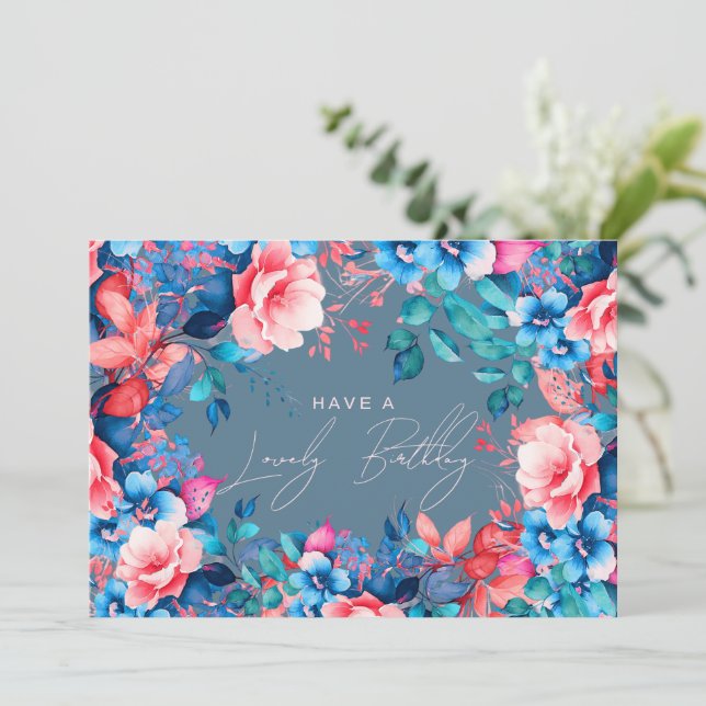 Tarjeta Happy Birday Garden Floral Dusty Blue Rubor (Anverso de pie)