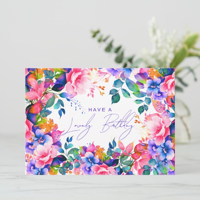 Tarjeta Happy Birday Rainbow Garden Floral (Anverso de pie)
