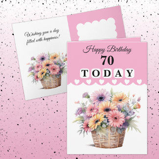 Tarjeta Happy Birthday 70 today flowers pink
