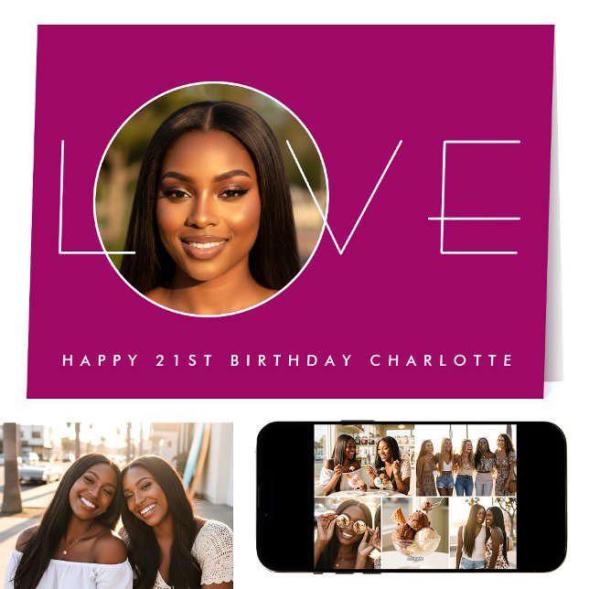 Tarjeta Happy Birthday 7 Photo Love Elegant Dark Pink (Subido por el creador)