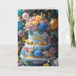 Tarjeta Happy Birthday Cake Candles Pretty Flowers Bows