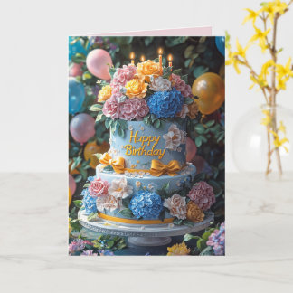 Tarjeta Happy Birthday Cake Candles Pretty Flowers Bows