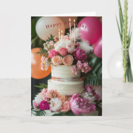 Tarjeta Happy Birthday Cake Pink Peonies Roses Feathers 