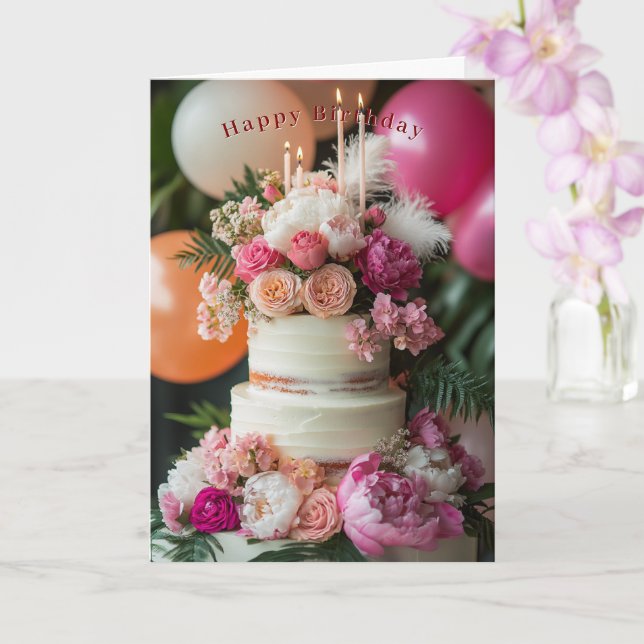 Tarjeta Happy Birthday Cake Pink Peonies Roses Feathers  (Orquídea)