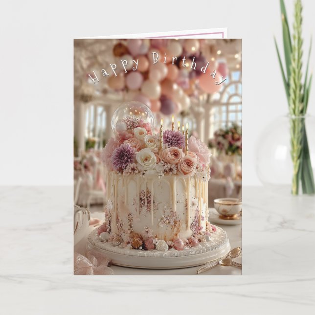 Tarjeta Happy Birthday Cake Pretty Pink Mauve Flowers   (Anverso)