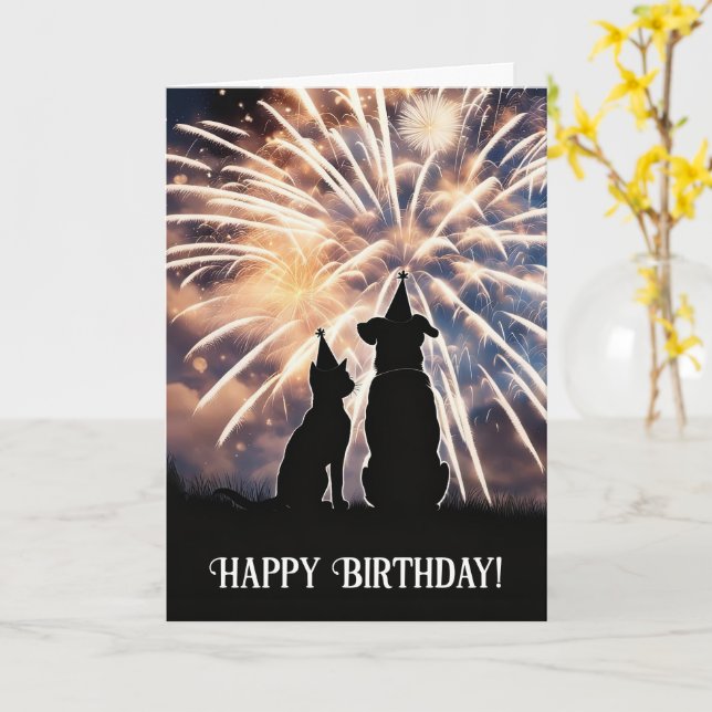 Tarjeta Happy Birthday Cute Cat Dog Fireworks (flor amarilla)