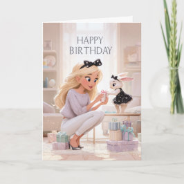 Tarjeta Happy Birthday Elegant Woman and Bunny Gift Giving
