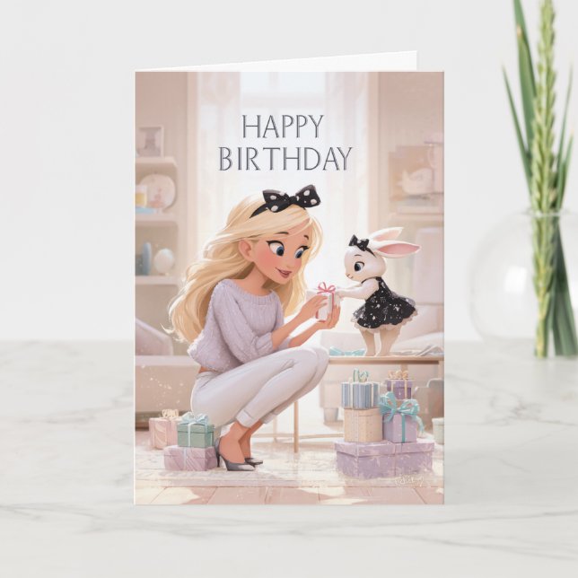 Tarjeta Happy Birthday Elegant Woman and Bunny Gift Giving (Anverso)