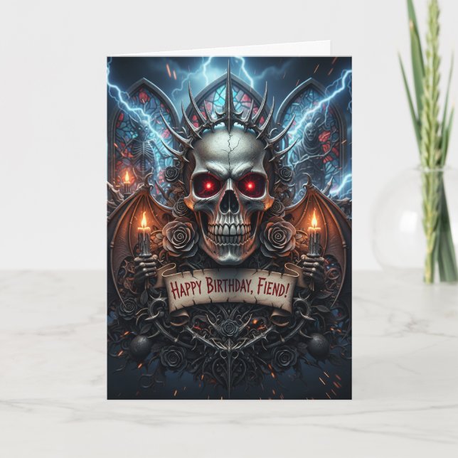 Tarjeta Happy Birthday, Fiend! Gothic Horror Skull Card (Anverso)