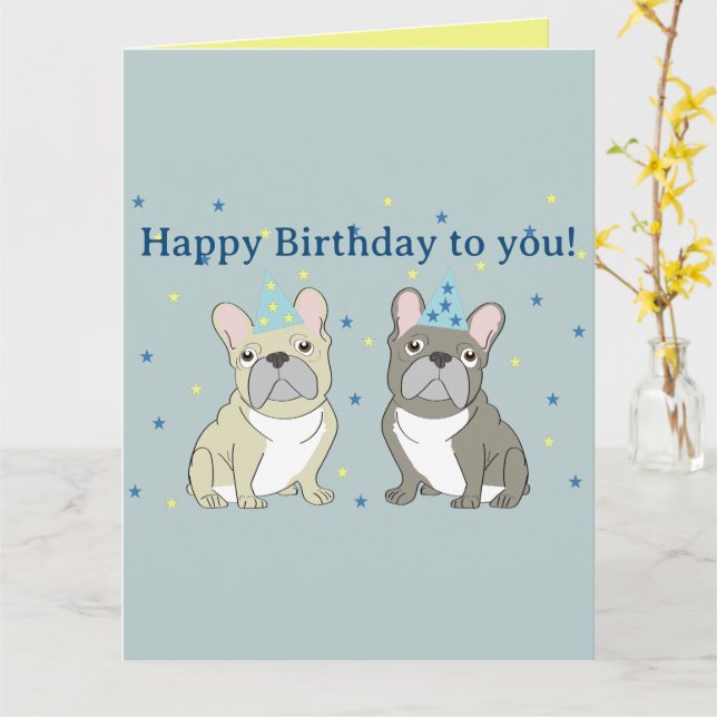 Tarjeta Happy birthday French, bulldog (flor amarilla)