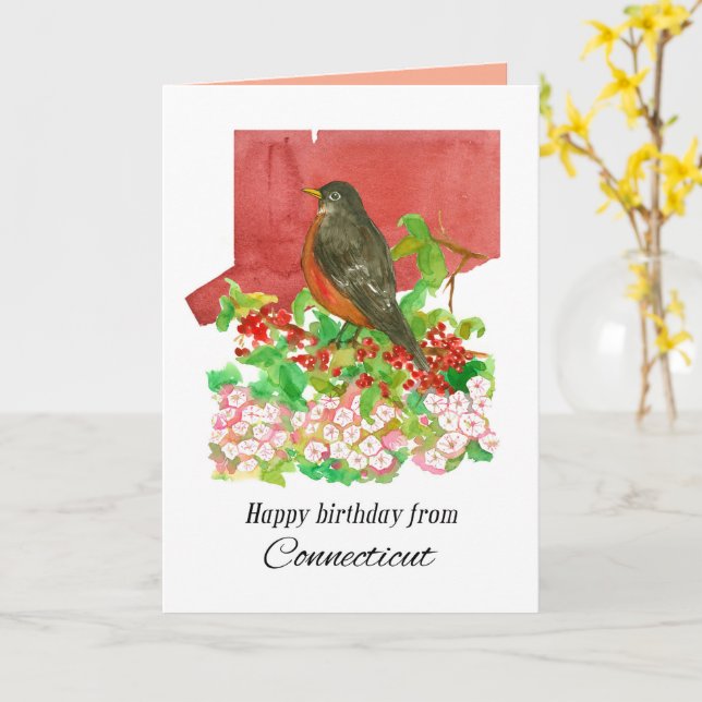 Tarjeta Happy Birthday From Connecticut State Watercolor (flor amarilla)