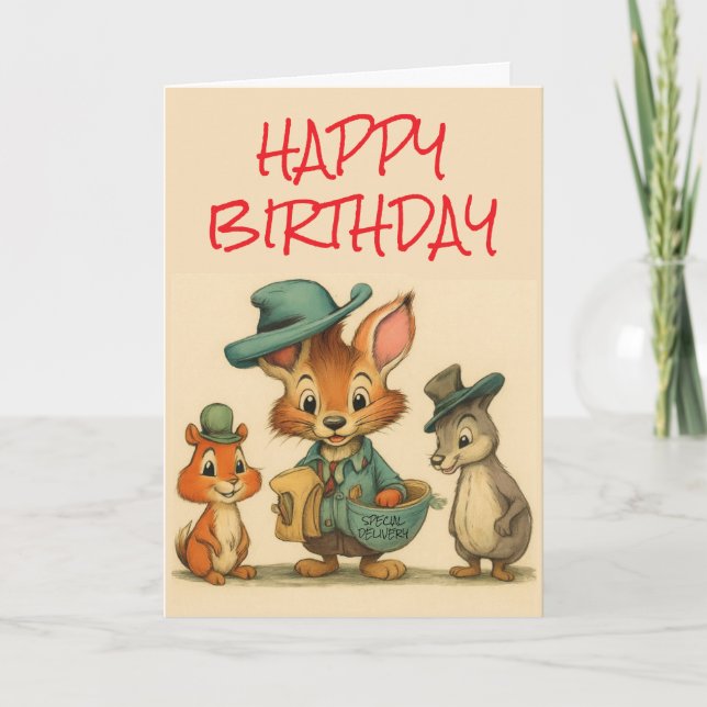 Tarjeta Happy Birthday Funny Cute Cartoon Animal Couriers  (Anverso)