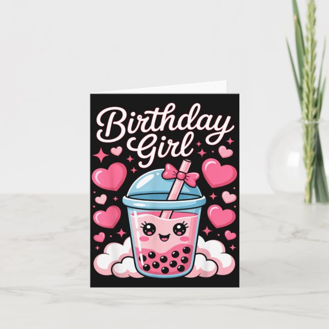 Tarjeta Happy Birthday Girl Cute Nk Bow Bubble Boba Tea An (Anverso)