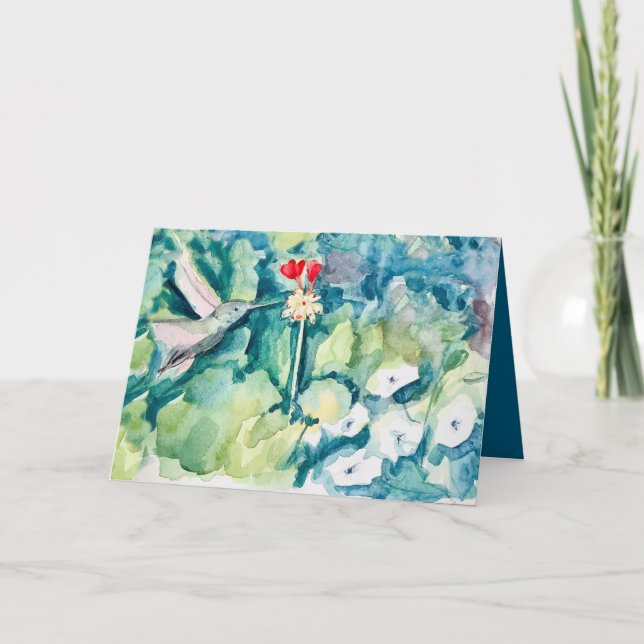 Tarjeta Happy Birthday God Bless You Hummingbird Flowers (Anverso)