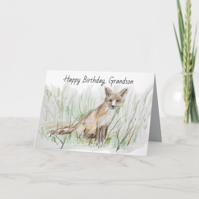 Tarjeta Happy Birthday Grandson Desert Gray Fox (Anverso)