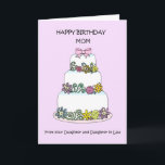 Tarjeta Happy Birthday Mom Daughter and Daughter in law<br><div class="desc">A three tiered ,  pastel colored,  cake,  set against a pale mauve background. The words 'Happy Birthday Mom from your Daughter and Daughter in Law' accompany the image.</div>