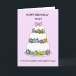 Tarjeta Happy Birthday Mom Daughter and Daughter in law<br><div class="desc">A three tiered ,  pastel colored,  cake,  set against a pale mauve background. The words 'Happy Birthday Mom from your Daughter and Daughter in Law' accompany the image.</div>