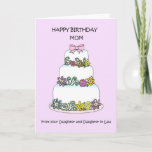 Tarjeta Happy Birthday Mom Daughter and Daughter in law<br><div class="desc">A three tiered ,  pastel colored,  cake,  set against a pale mauve background. The words 'Happy Birthday Mom from your Daughter and Daughter in Law' accompany the image.</div>