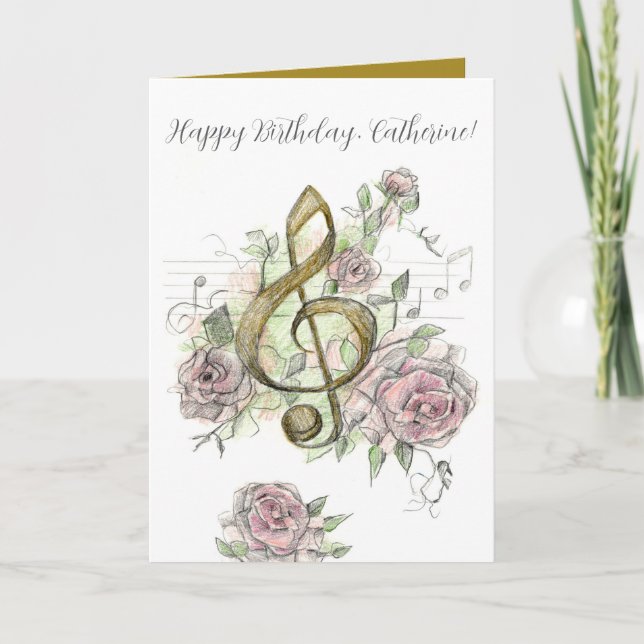 Tarjeta Happy Birthday Music Note Treble Clef Roses Custom (Anverso)