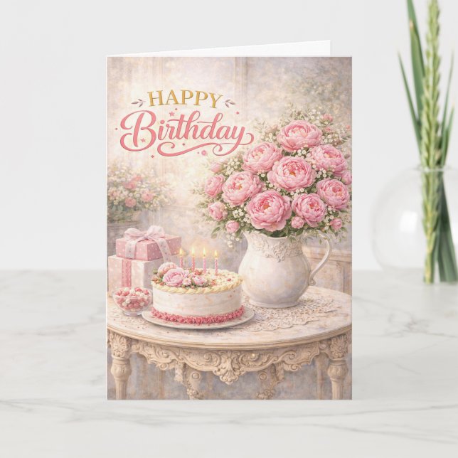 Tarjeta Happy Birthday Pink Peony Cottage Still Life (Anverso)
