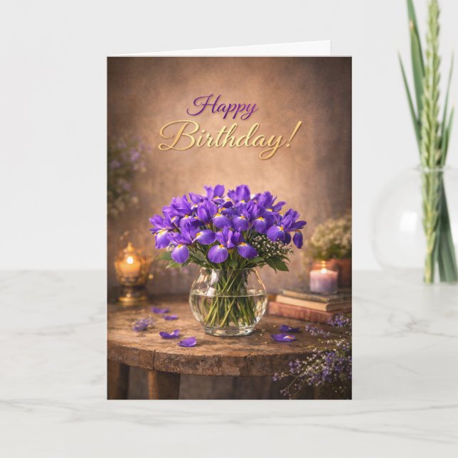 Tarjeta Happy Birthday Purple Iris Candlelight (Anverso)