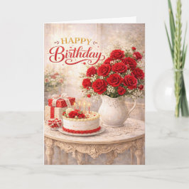 Tarjeta Happy Birthday Red Rose Cottage Still Life