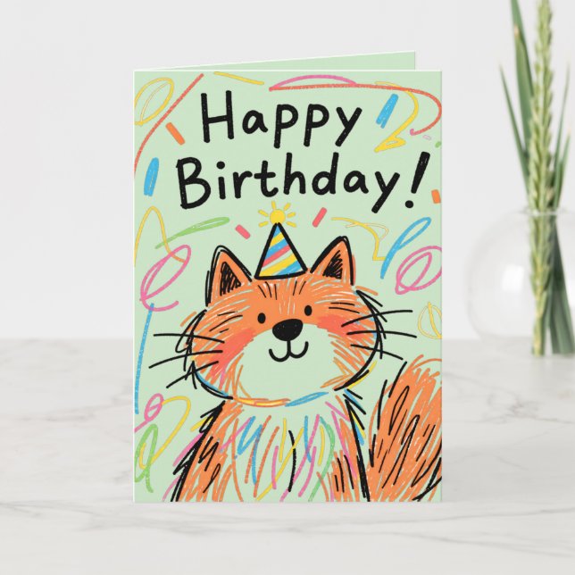 Tarjeta  Happy Birthday Scribble Cat Card Pastel Green (Anverso)