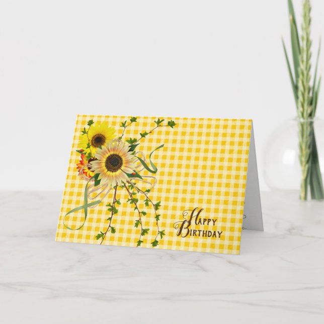 Tarjeta Happy Birthday sunflowers on gingham (Anverso)