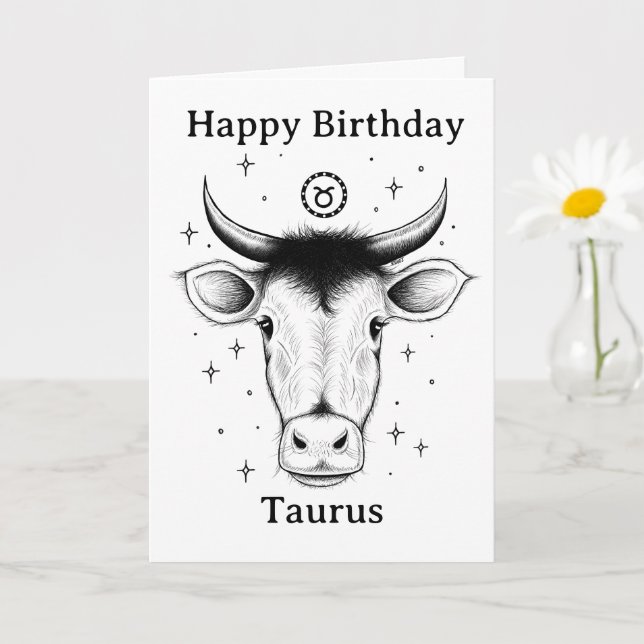 Tarjeta Happy Birthday Taurus Bull Hand-drawn (Planta pequeña)