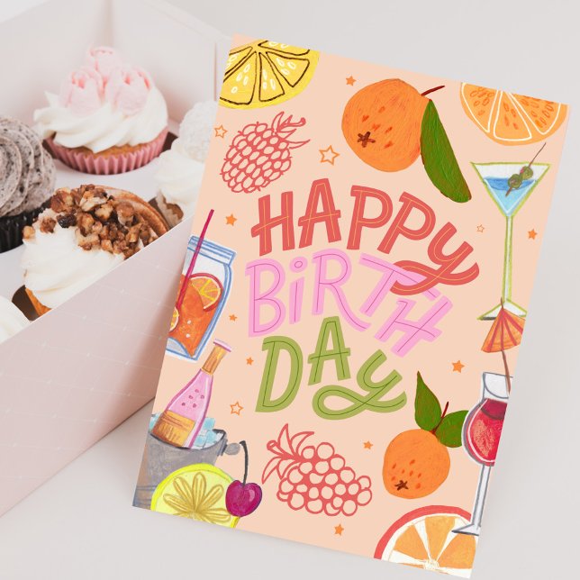 Tarjeta Happy Birthday Tropical Fruit and Cocktail Party (Happy Birthday Tropical Fruit and Cocktail Party Card)
