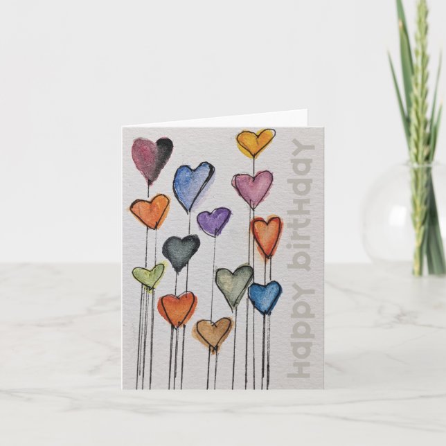 Tarjeta Happy Birthday Watercolor Hearts Card (Anverso)