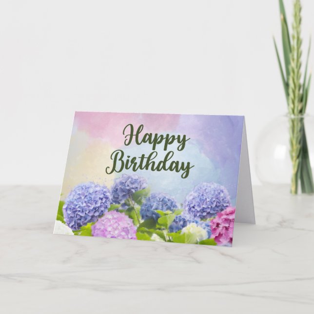 Tarjeta Happy Birthday Watercolor Hydrangea Flowers  (Anverso)