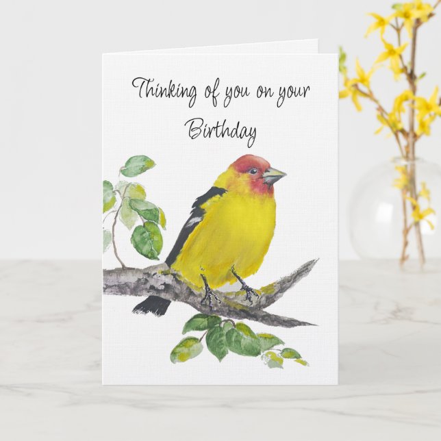 Tarjeta Happy Birthday Watercolor Western Tanager Bird (flor amarilla)