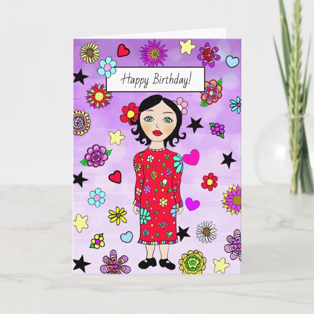 Tarjeta Happy Birthday Whimsical Lady with Flowers (Anverso)