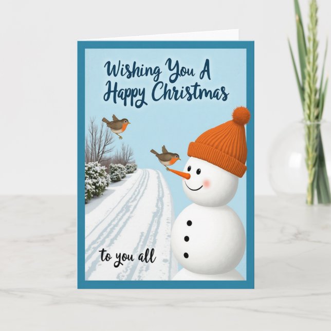Tarjeta Happy Christmas Card Snowman Bird Winter Scene (Anverso)