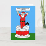 Tarjeta Happy Christmas Day Birthday Cartoon Santa<br><div class="desc">A cartoon of Father Christmas leaping out of a giant cake as he says 'Happy Christmas Day Birthday'.</div>