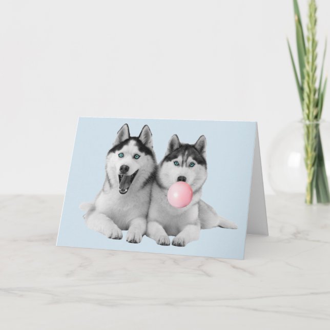 Tarjeta Happy Cute Siberian Huskies Bubble Gum (Anverso)